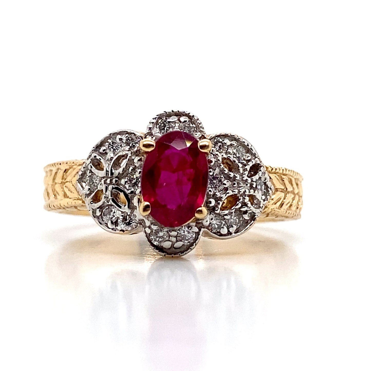 14K TWO TONE RUBY RING 0.65 DIAMOND 0.12