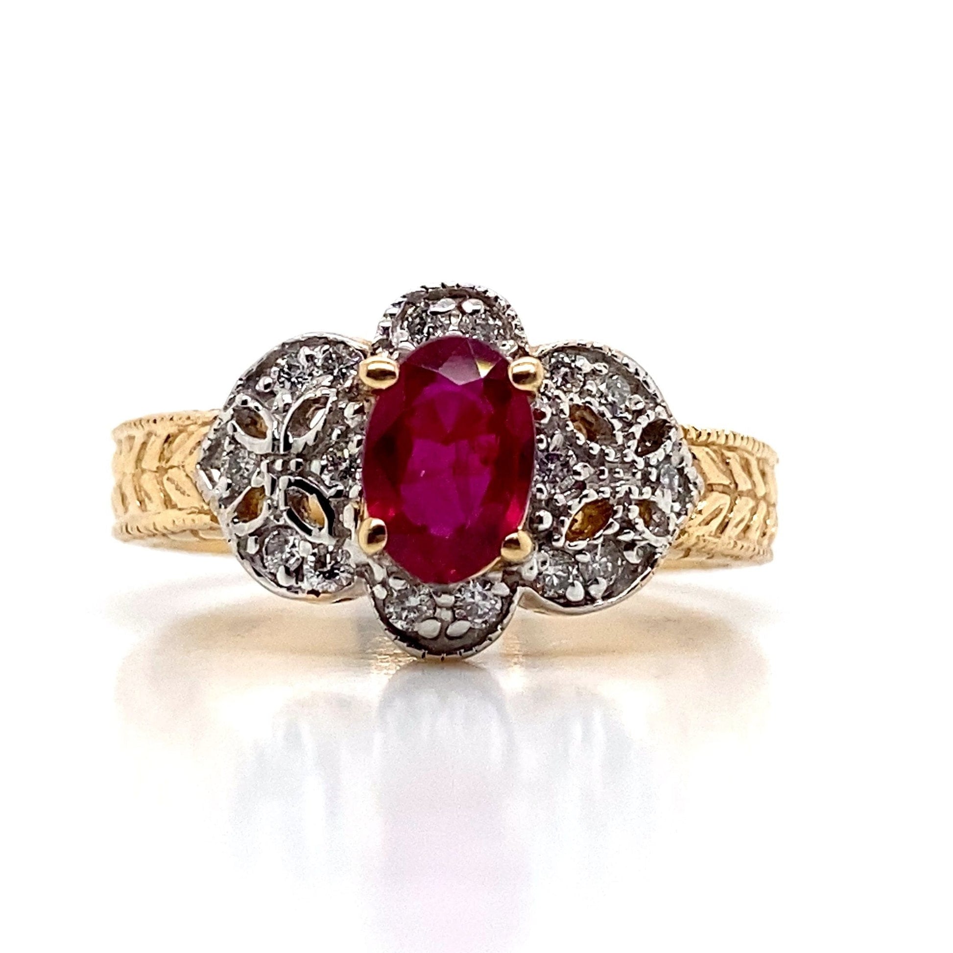 14K TWO TONE RUBY RING 0.65 DIAMOND 0.12