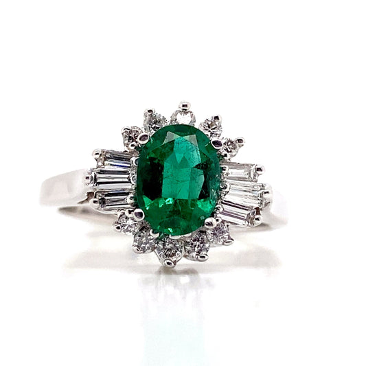 18K WHITE GOLD 1.03 CT NATURAL EMERALD CENTER .22 CT TW NATURAL ROUND BRILLIANT 0.25 CT TW BAGUETTE DIAMOND ACCENT RING