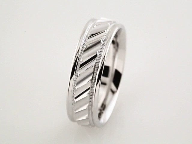 Rings 14K White 6.75 mm Milgrain Edge Diagonal Grooved Comfort-Fit Half Round Band Size 8