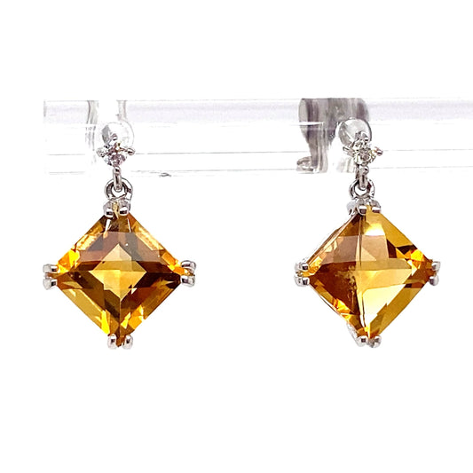 14K WHITE GOLD 2.00 CT TW CITRINE CENTER 0.036 CT TW NATURAL DIAMOND ACCENT EARRINGS