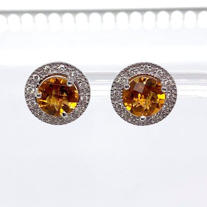 14K WHITE GOLD 2.40 CT TW CITRINE CENTER 0.192 CT TW NATURAL DIAMOND ACCENT EARRINGS