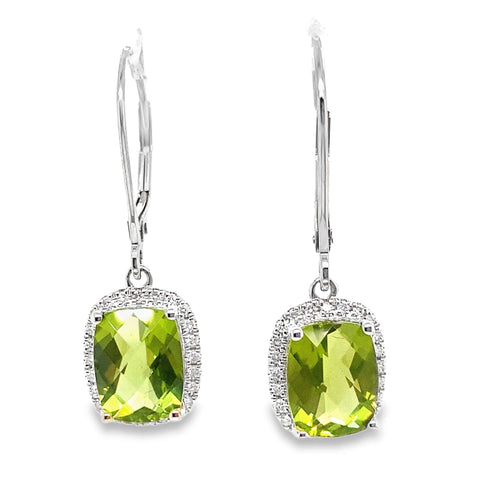 14K WHITE GOLD 4.60 CT TW PERIDOT CENTER 0.288 CT TW NATURAL DIAMOND ACCENT EARRINGS