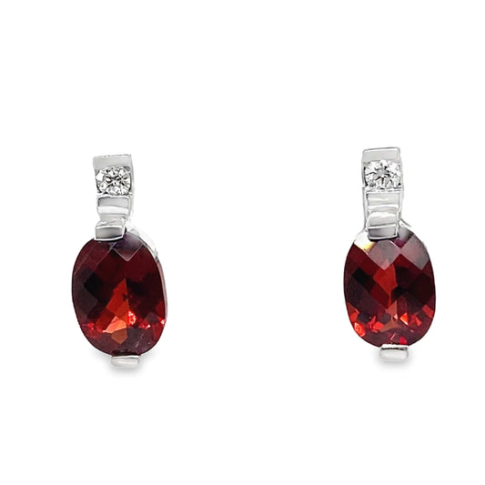 14K WHITE GOLD 2.00 CT TW GARNET CENTER 0.052 CT TW NATURAL DIAMOND ACCENT EARRINGS