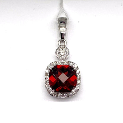 14K WHITE GOLD 2.10 CT GARNET CENTER 0.138 CT TW NATURAL DIAMOND ACCENT PENDANT