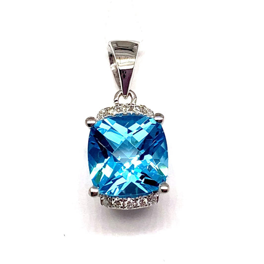 14K WHITE GOLD 2.90 CT SWISS BLUE TOPAZ CENTER 0.06 CT TW NATURAL DIAMOND ACCENT PENDANT