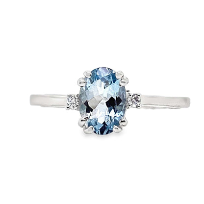 14K WHITE GOLD 0.70 CT AQUAMARINE CENTER 0.022 TW NATURAL DIAMOND ACCENT RING