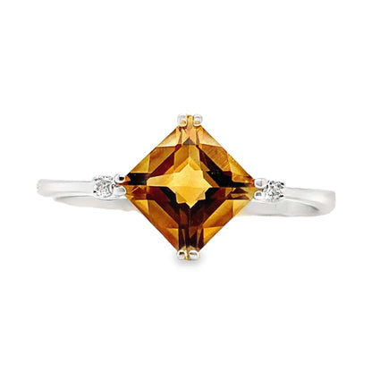 14K WHITE GOLD 1.00 CT CITRINE CENTER 0.022 TW NATURAL DIAMOND ACCENT RING