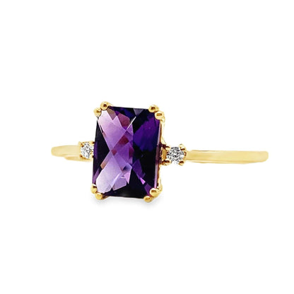 14K YELLOW GOLD 0.95 CT AMETHYST AND 0.018 TW NATURAL DIAMOND ACCENT RING