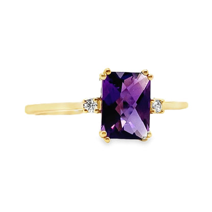 14K YELLOW GOLD 0.95 CT AMETHYST AND 0.018 TW NATURAL DIAMOND ACCENT RING