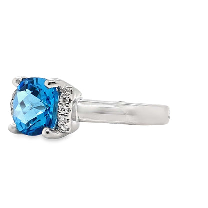 14K WHITE GOLD 2.90 CT SWISS BLUE TOPAZ AND 0.06 TW NATURAL DIAMOND ACCENT RING