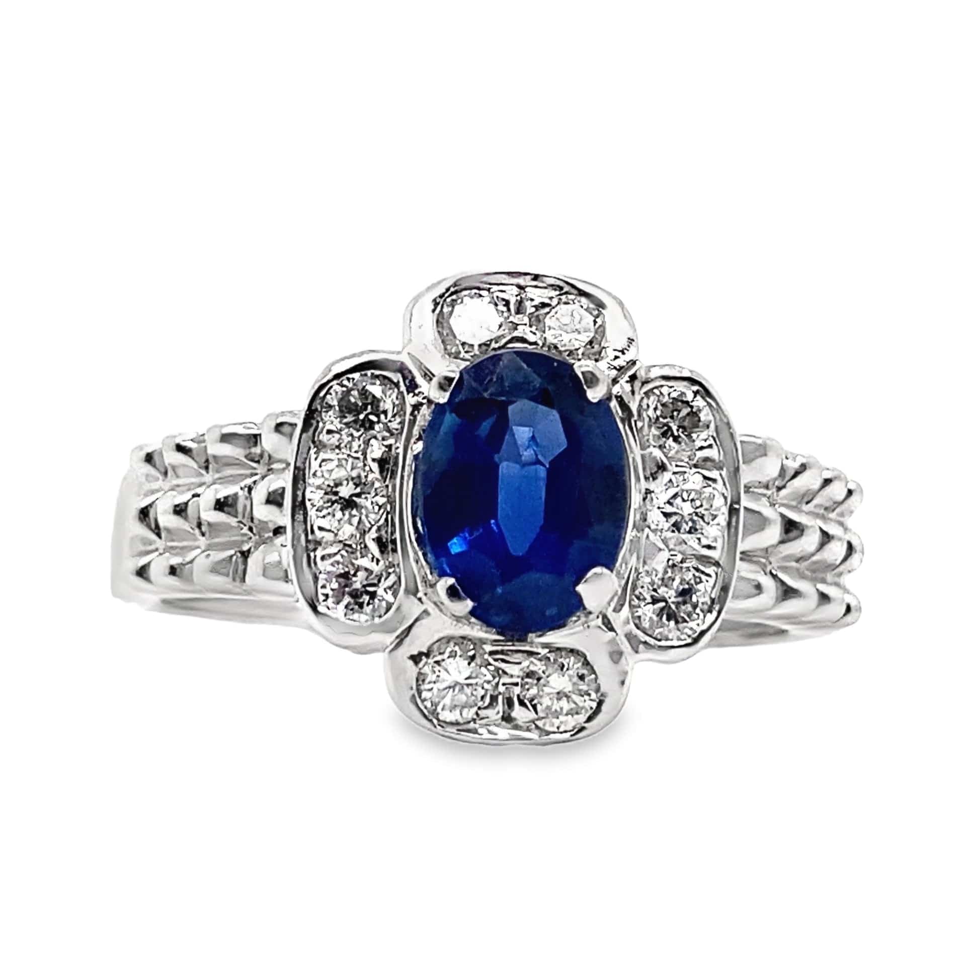 14K WHITE GOLD 1.19 CT NATURAL BLUE SAPPHIRE CENTER .35 CT TW NATURAL ROUND BRILLIANT DIAMOND ACCENT FASHION RING