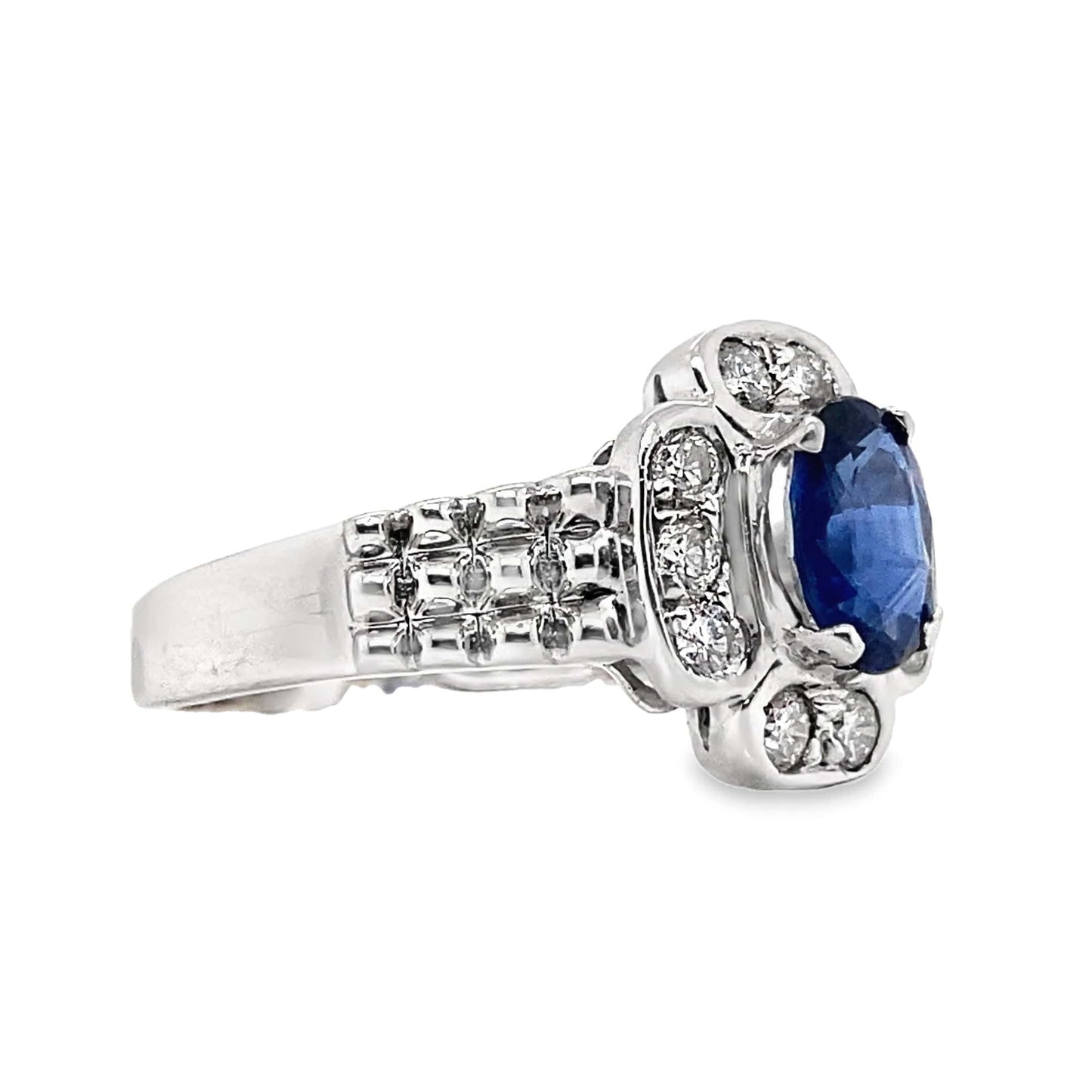 14K WHITE GOLD 1.19 CT NATURAL BLUE SAPPHIRE CENTER .35 CT TW NATURAL ROUND BRILLIANT DIAMOND ACCENT FASHION RING