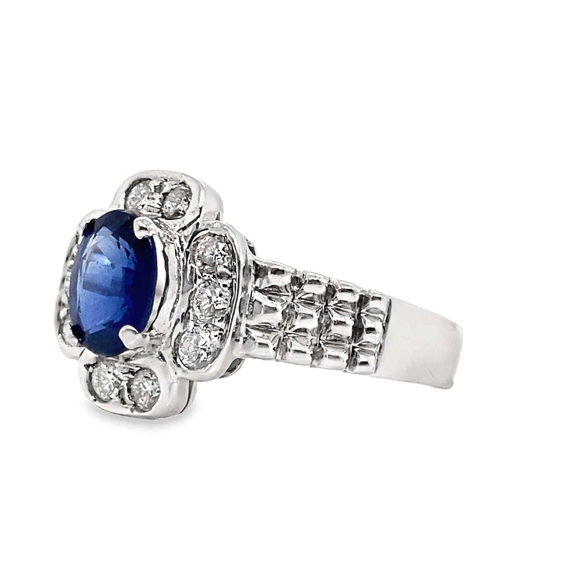 14K WHITE GOLD 1.19 CT NATURAL BLUE SAPPHIRE CENTER .35 CT TW NATURAL ROUND BRILLIANT DIAMOND ACCENT FASHION RING