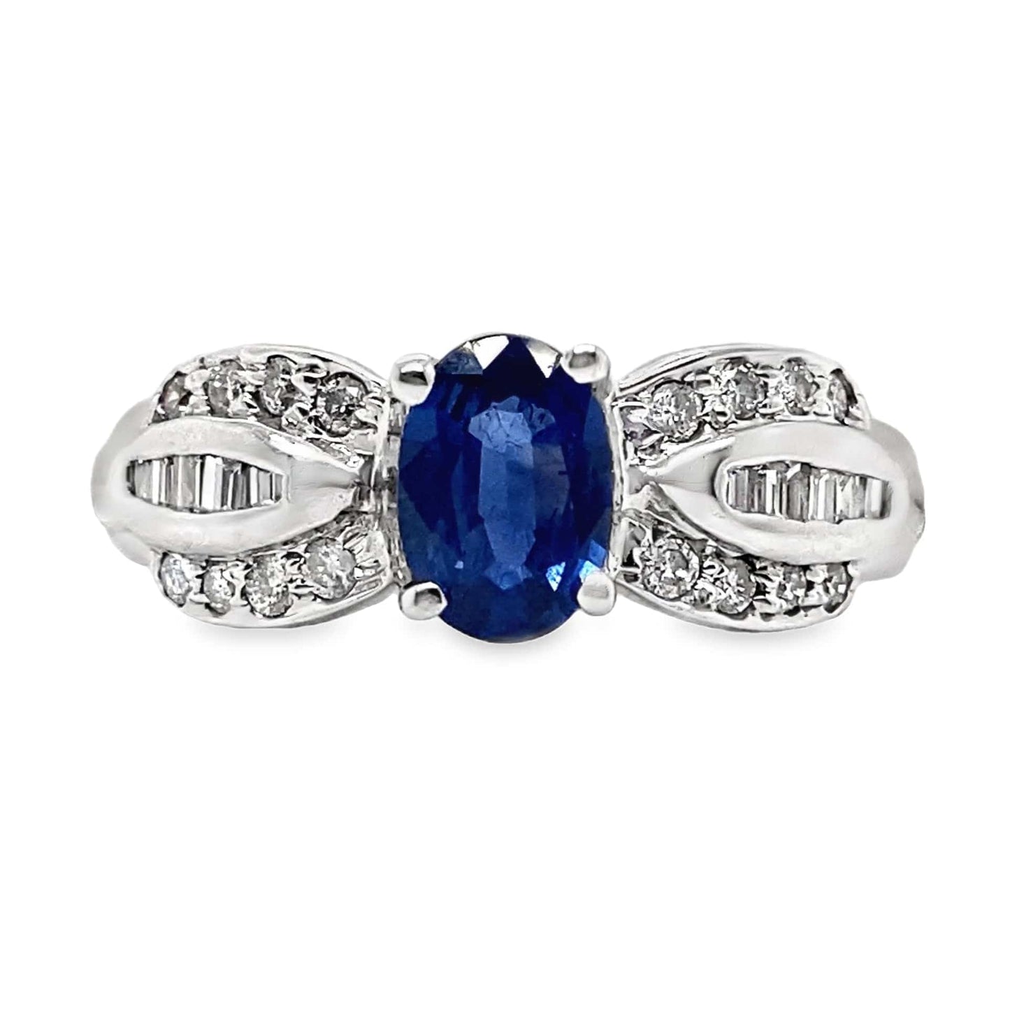 14K WHITE GOLD .97 CT BLUE SAPPHIRE CENTER .16 CT TW NATURAL ROUND BRILLIANT DIAMOND ACCENT FASHION RING