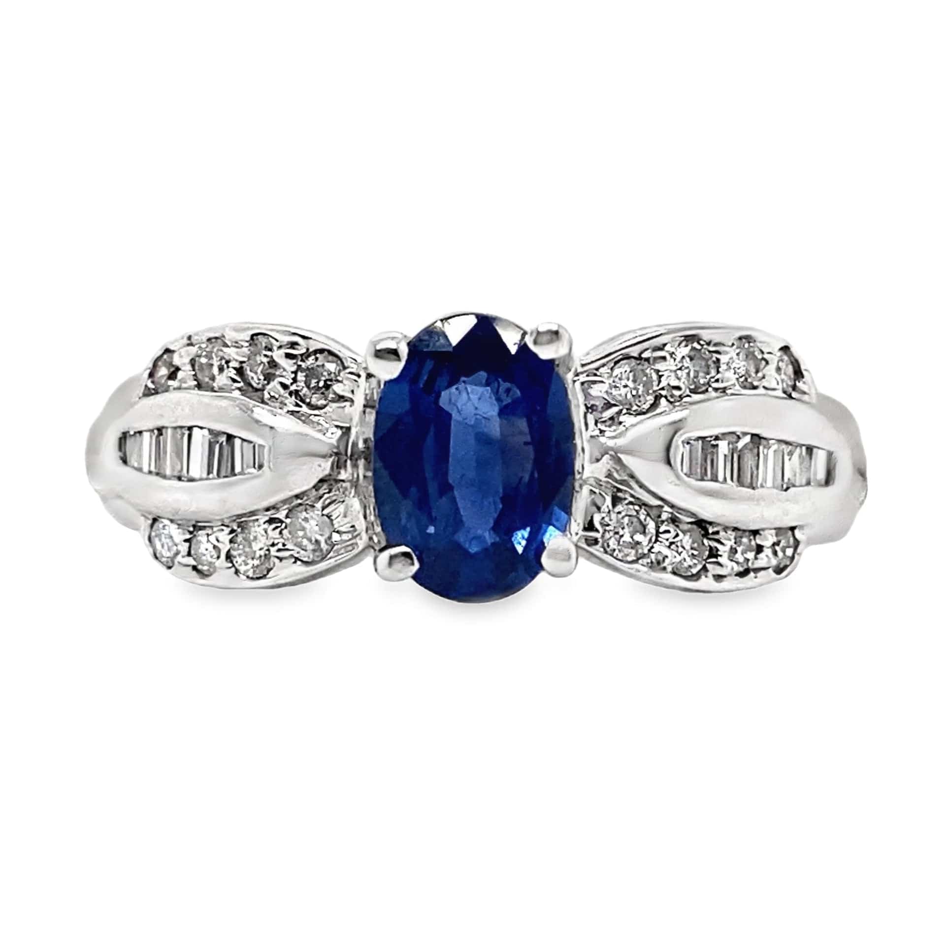 14K WHITE GOLD .97 CT BLUE SAPPHIRE CENTER .16 CT TW NATURAL ROUND BRILLIANT DIAMOND ACCENT FASHION RING
