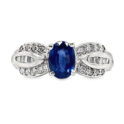 14K WHITE GOLD .97 CT BLUE SAPPHIRE CENTER .16 CT TW NATURAL ROUND BRILLIANT DIAMOND ACCENT FASHION RING