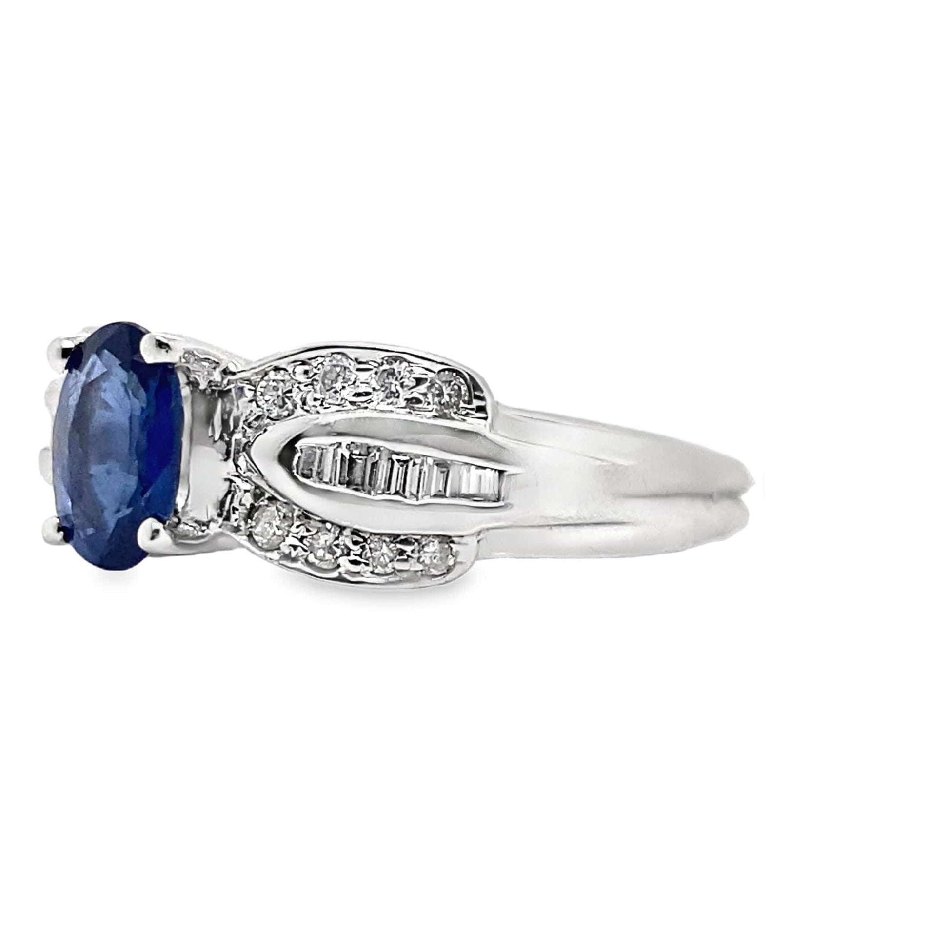 14K WHITE GOLD .97 CT BLUE SAPPHIRE CENTER .16 CT TW NATURAL ROUND BRILLIANT DIAMOND ACCENT FASHION RING