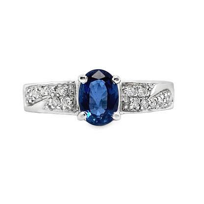 14K WHITE GOLD .95 CT BLUE SAPPHIRE CENTER .14 CT TW ROUND BRILLIANT NATURAL DIAMOND ACCENT FASHION RING