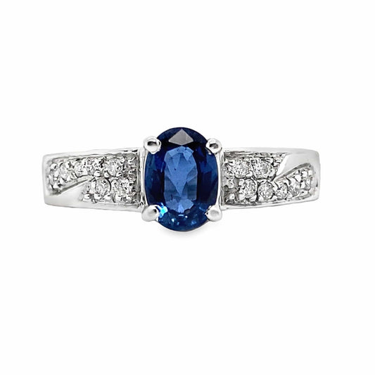 14K WHITE GOLD .95 CT BLUE SAPPHIRE CENTER .14 CT TW ROUND BRILLIANT NATURAL DIAMOND ACCENT FASHION RING