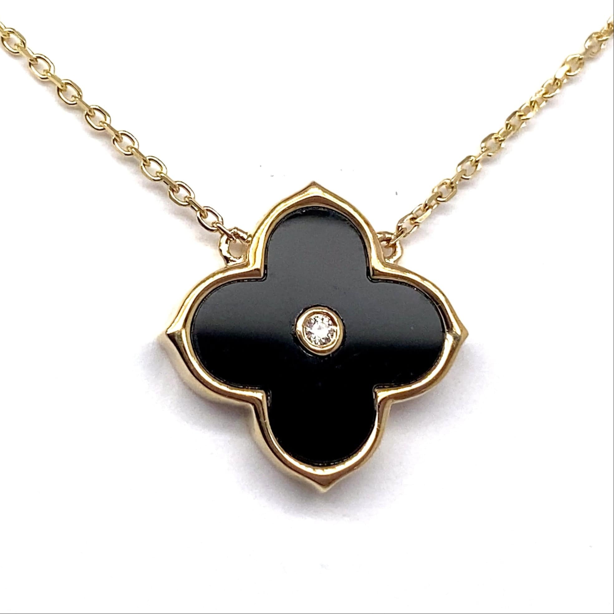 14K WHITE GOLD 1.80 CT INLAY ONYX CENTER .017 CT TW NATURAL DIAMOND ACCENT NECKLACE