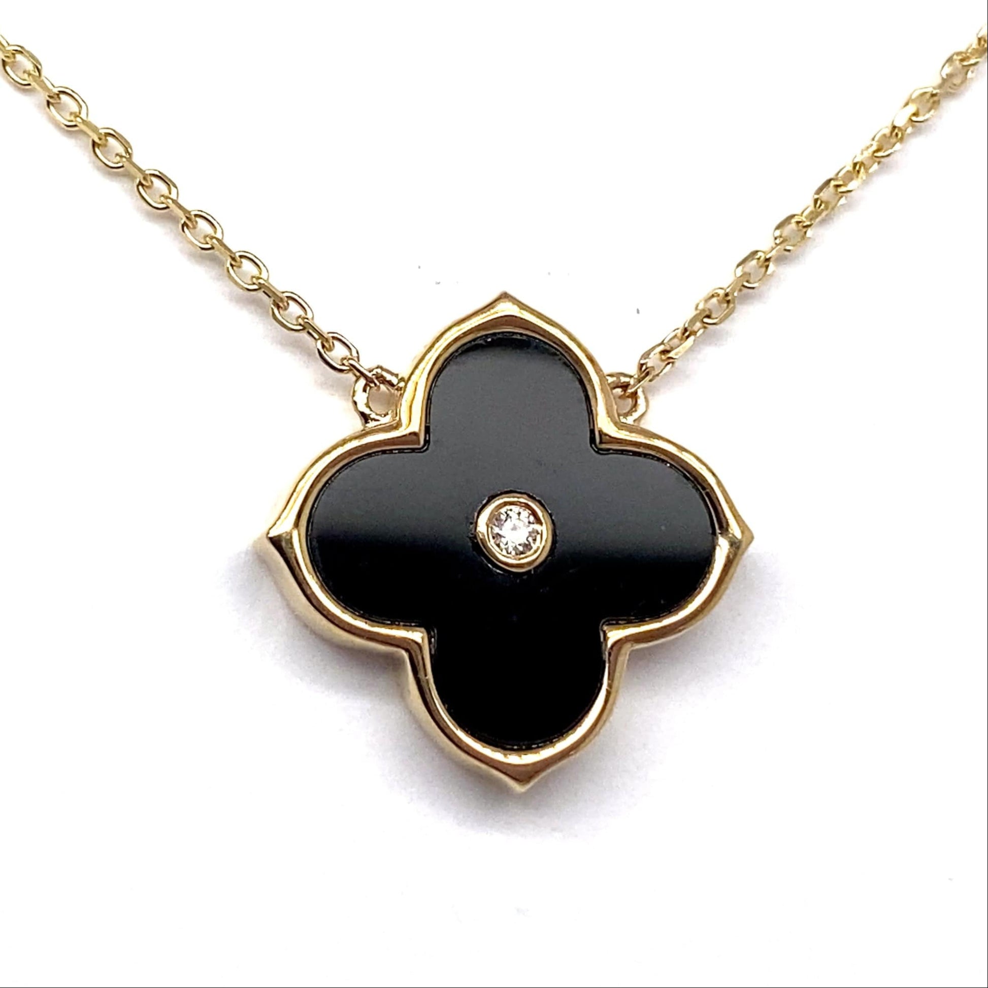 14K WHITE GOLD 1.80 CT INLAY ONYX CENTER .017 CT TW NATURAL DIAMOND ACCENT NECKLACE