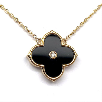 14K WHITE GOLD 1.80 CT INLAY ONYX CENTER .017 CT TW NATURAL DIAMOND ACCENT NECKLACE