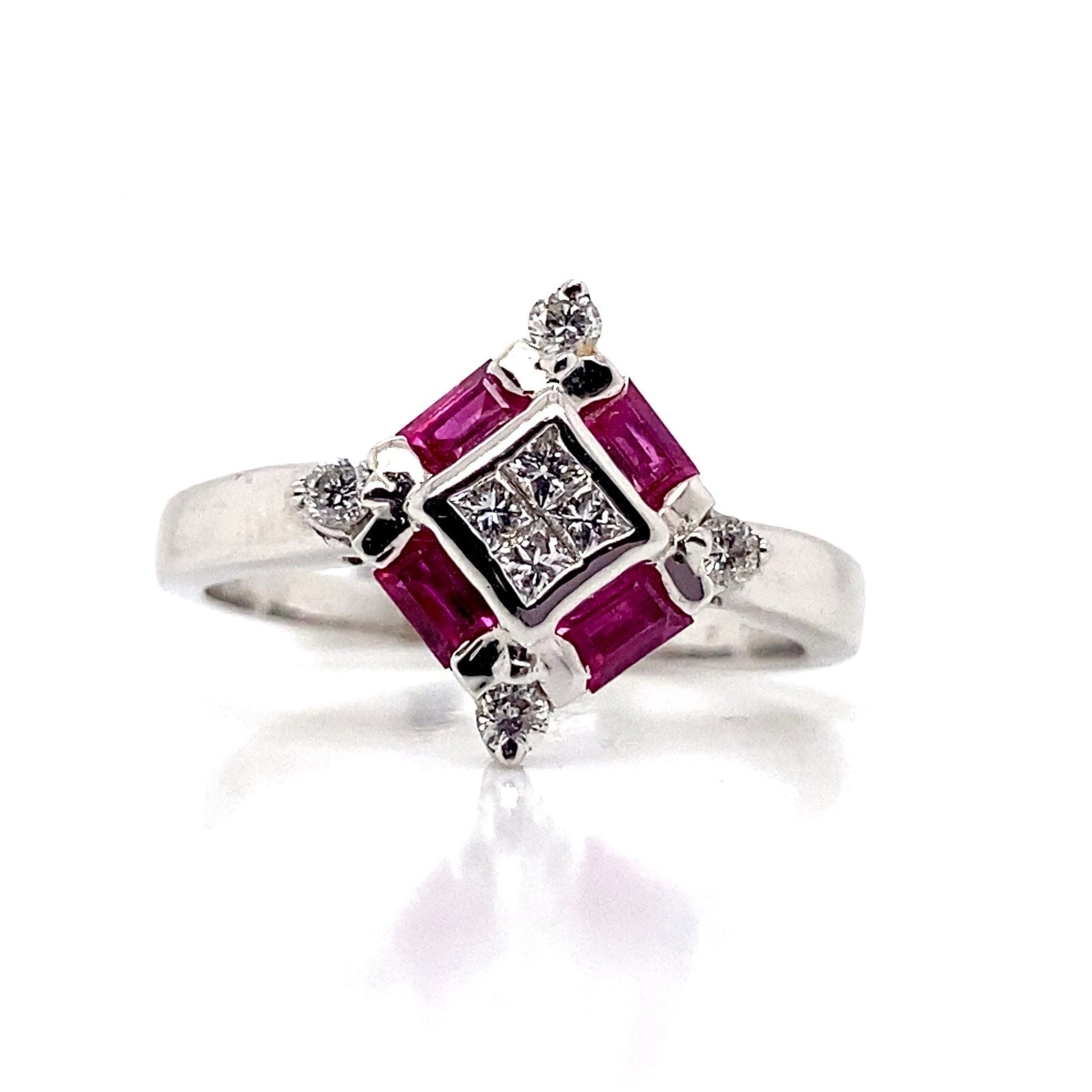 14K WHITE GOLD RUBY RING 0.42 ROUND BRILLIANT 0.11 PRINCESS 0.14