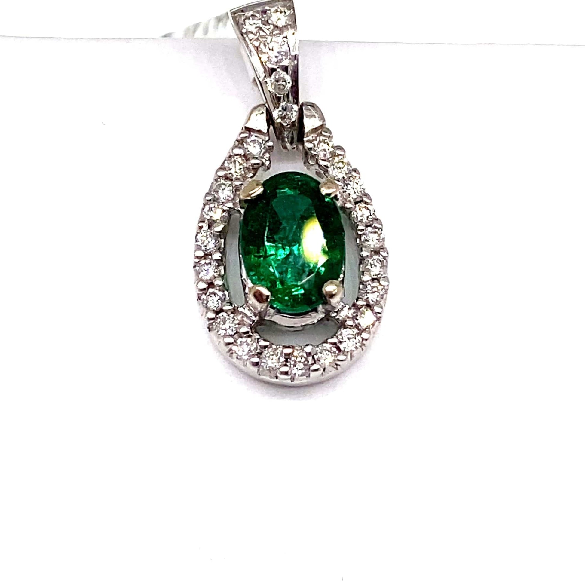 14K WHITE GOLD 1.43 CT NATURAL EMERALD CENTER .16 CT TW ROUND BRILLIANT NATURAL DIAMOND ACCENT PENDANT