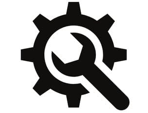 Black wrench and gear icon on a white background